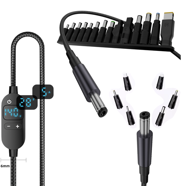 USB C to 5.5 * 2.1mm DC Cable, Adjustable Output Voltage This Cable Supports 6 Voltage Regulators 5V/9V/12V/15V/20V/28V MAX 140W
