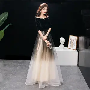 Factory Wholesale Womens Elegant Black Half Sleeve Velvet Sexy Contrast Long Tulle Flare Evening Dress