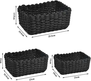 Home Decor Small Woven Paper Rope Storage Nest Baskets Set of 3 Square Shelf Organizer Container Box Bins for Living room