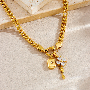 Fashion Jewelry <b>Set</b> Stainless Steel Chain Necklace <b>Bracelet</b> Flower Rhinestone Pendant Party Wear Two Piece <b>Set</b> - Product Image 2