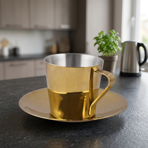 Designer Double Wall <b>Cup</b> With <b>Saucer</b> Gold Color - Product Image 4