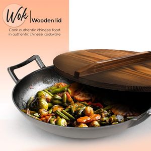 <span class=keywords><strong>Wok</strong></span> <span class=keywords><strong>chino</strong></span> recubierto de hierro fundido presazonado con asas dobles y tapa de madera <span class=keywords><strong>Wok</strong></span> de hierro fundido Recubrimiento de aceite Fácil de limpiar Tamaño <span class=keywords><strong>grande</strong></span> - Product Image 5