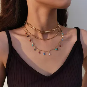 Collares en capas con borlas de arcoíris para mujer, collar de cadena chapado en oro