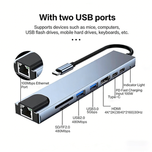 Alta calidad 8-en-1 <span class=keywords><strong>USB</strong></span> Tipo C Hub Adaptador multipuerto Hub Dock 8-en-1 <span class=keywords><strong>USB</strong></span> Tipo C Hub con 4K HDTV <span class=keywords><strong>HDMI</strong></span> <span class=keywords><strong>USB</strong></span> 3,0 SD PD Carga - Product Image 2