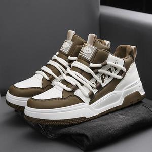 High Top Men's Sneakers Solid <b>Round</b> Toe Lace Up Synthetic Upper Rubber Outsole <b>Cushioned</b> EVA Midsole Autumn Casual Shoes - Product Image 1