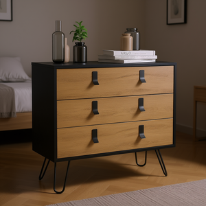 Commode moderne Huna à trois tiroirs, pieds en cheveux de cheval noir macadamia, meubles de chambre à coucher - Product Image 2