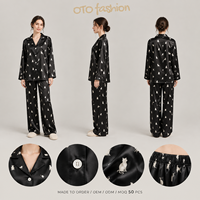 Ensemble deux pièces pour femmes, imprimé chat noir, vêtements de détente, aspect satiné, vêtements de nuit, col cranté, fabrication sur mesure, vente en gros