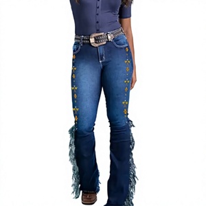 TRIBON SPORTS Jeans de mezclilla de mujer de cintura alta, pierna recta, sin elasticidad, corte regular, largo completo, casual, de verano, con logo en la cintura y efecto lavado a la piedra. - Product Image 1
