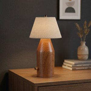 Midcentury Wooden <b>Table</b> Lamp <b>Beige</b> Linen Shade LED <b>Bedside</b> Desk Light Switch Control for Living Room Decor - Product Image 1