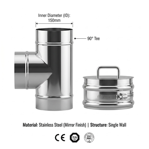 Raccord en T pour cheminée en acier inoxydable à paroi simple, 90 degrés, avec bouchon de nettoyage pour poêle à granulés de bois - Product Image 3