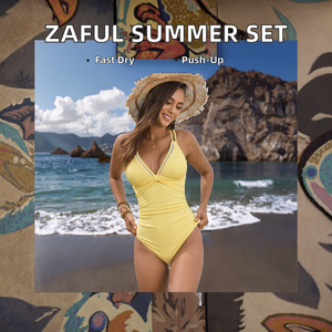 Maillot de bain tankini une pièce d'été dos nu push-up écologique anti-UV avec cordon de serrage couleur unie à blocs de couleur - Product Image 3