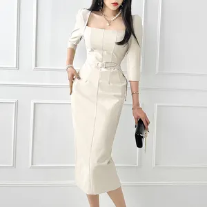 Droma 2023 summer Korean style square neck half sleeves women office bodycon women dress elegant prom