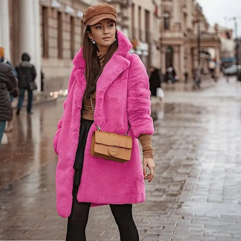 Fashion plush long square collar girls slim rose red faux fur coat for women trendy