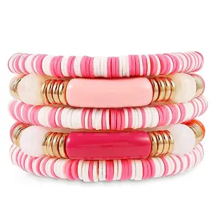 Hot Selling Summer Bohemian Colorful Soft Ceramic Acrylic Bracelet Set Multi Layer Polymer Clay Bead Stretch Bracelets