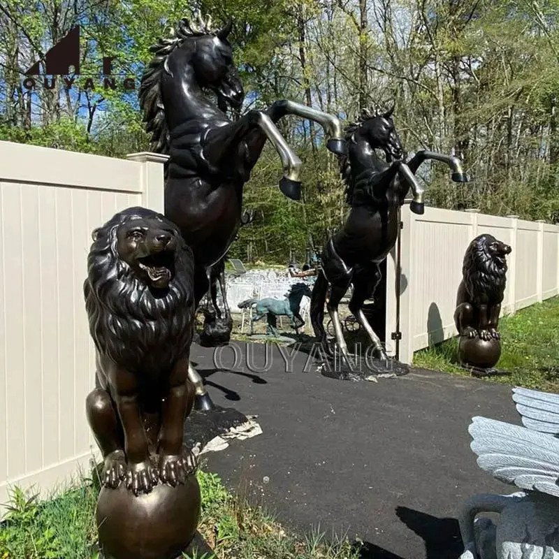 QUYANG – décoration d'entrée de Villa de Style européen, Sculpture d'animal en métal grandeur nature, Statues de cheval et de Lions en Bronze pour jardin