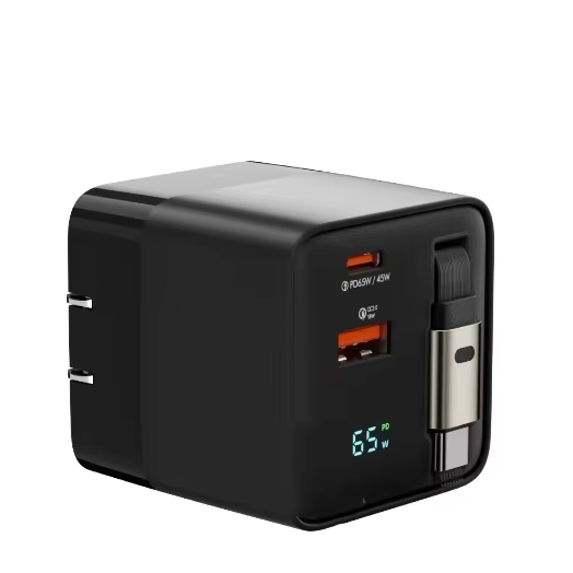 Wholesale GaN 65W with LED Display Travel Wall Fast Charger USB C PD QC3.0 with Retractable Cable for iphone 17 Pro for Laptop