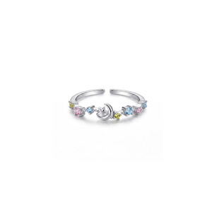 Anelli Regolabili per Donne con CZ Colorati <span class=keywords><strong>Luna</strong></span> e Stella, Placcati in Oro Bianco 18K, Anello Celestiale Arcobaleno - Product Image 3