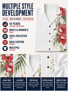 เสื้อเชิ้ตแขนสั้นสีขาวพิมพ์ลายดอกชบา<span class=keywords><strong>สี</strong></span>แดงด้านข้าง - เสื้อผ้าสั่งทำพิเศษ 100% โพลีเอสเตอร์ - Product Image 3