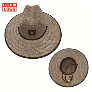 Wholesale Custom Logo Rush Hollow Mat Grass American Flag Lifeguard Straw Hat With Logo Straw Beach Hat Wide Brim