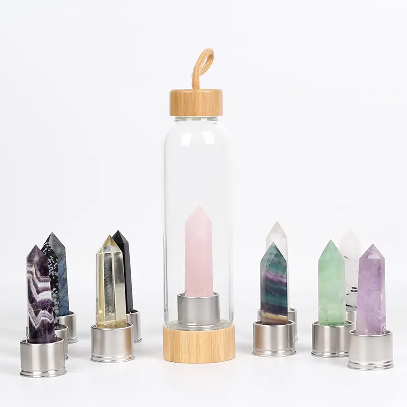 Seaygift Bpa ücretsiz özel Logo baskılı spor taş gül kuvars cam taş infüzyon kristal değnek Elixir su şişesi