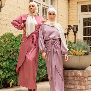 Abaya Muslim trendi putar campuran Berry bungkus tiga potong rok atas Set