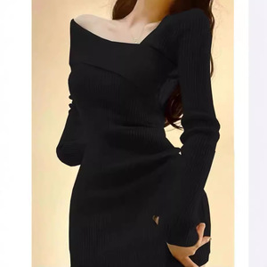 Off The Shoulder Bodycon Dress Black Long Sleeve Mini Skirt Women Autumn Winter Club Wear Simple Style Tight Fit - Product Image 2