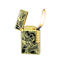 Briquet à flamme ouverte DK875 Dragon Auspicieux en métal, à sonnerie sonore, avec meule coulissante latérale, à gaz butane, flamme classique inclinée