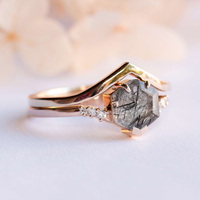 Ensemble de bagues en argent sterling 925 en forme de V avec pierre précieuse hexagonale en quartz rutilé noir naturel, bagues de mariage pour femmes, vente en gros