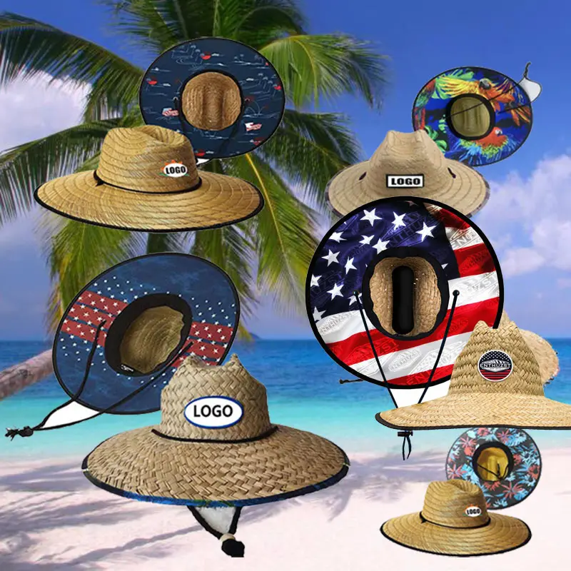 Wholesale Summer Lifeguard Straw Hat Under Brim Custom Printing America Sombrero Beach Hat Surf Lifeguard With logo Straw Hat