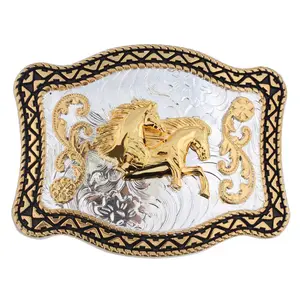 Hebilla de cinturón de caballo vaquero de metal dorado chapado doble de aleación de zinc 3D con logotipo personalizado