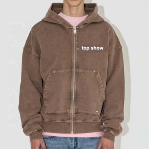 Sudadera con Capucha Extra Grande Personalizada al por Mayor, Sudadera con Capucha de Felpa Francesa de Algodón Lavado, Estilo Holgado, Gruesa, con Cierre para Hombre - Product Image 1