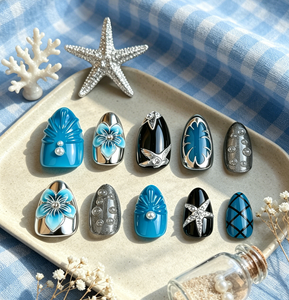 Lot de 30 faux <span class=keywords><strong>ongles</strong></span> Y2K en amande à presser, <span class=keywords><strong>bleu</strong></span> noir métallisé, fleurs 3D et perles, faits à la main pour festivals, fêtes et Halloween - Product Image 2