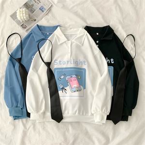 เสื้อฮู้ดดี้โอเวอร์ไซส์สไตล์ญี่ปุ่นสำหรับผู้หญิงฮาราจูกุ เสื้อสเวตเชิ้ตแขนยาวลำลองแบบสองชิ้น ตัดต่อผ้าบางๆ เสื้อฮู้ดดี้น่ารักสไตล์คาวาอิ - Product Image 3