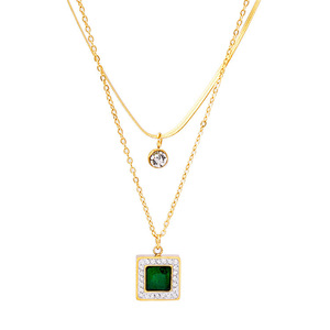 Collar Clásico con Colgante de Cristal Verde Esmeralda Cuadrado y Cadena Cubana Chapada en Oro de 18K para Mujer |   Resistente al agua y sin decoloración - Product Image 1