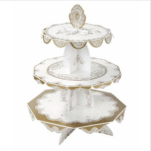 Supporto per Torte <span class=keywords><strong>in</strong></span> Cartone con Bordo Dorato, Espositore a 3 Piani per Dessert, Vassoio Singolo per Torte, Decorazione per Tavoli da Festa e Banchetti - Product Image 1
