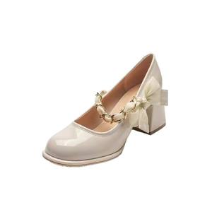 Zapatos de Tacón Mary Jane de Charol Blanco con Lazo y Correa de Perlas, Cómodos, Punta Redonda, Tacón de 6-8 cm, Zapatos de Novia para Boda - Product Image 5