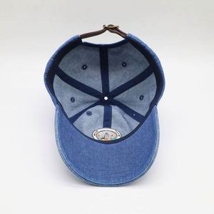 Wholesale Custom High Quality 6 Panel Blue Denim Washed Embroidery Logo Baseball Cap,Leather Strap Luxury Ripped Women Dad <b>Hat</b> - Product Image 6