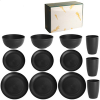 Ensemble de vaisselle en plastique noir 12-en-1 avec bols, assiettes et gobelets, en gros