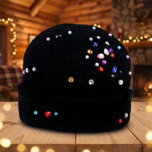 Black Rhinestone Beanie <b>Hat</b> Hand Knitted 100% Acrylic Unisex Winter Warm Casual Adult 56-58cm - Product Image 1