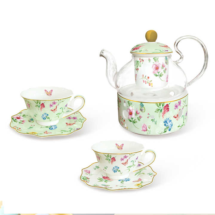 Teapot Set with 2 Teacups & Removable Infuser - Microwave Dishwasher Safe Porcelain Ceramic Bone China Tea Maker Gift