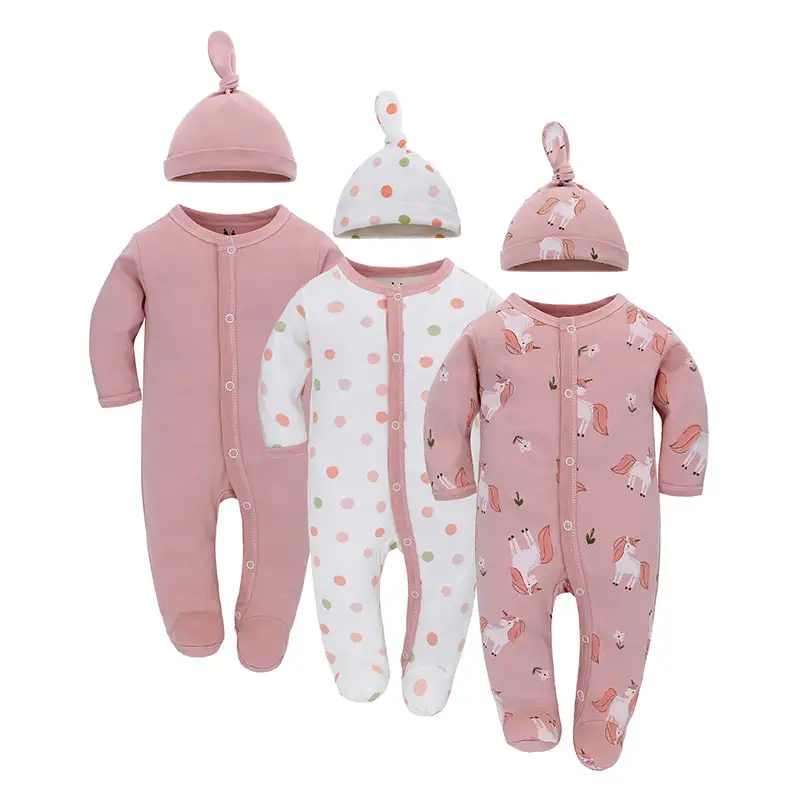 Toptan bebek Romper şapka ile % 100% pamuk Romper setleri bebek yenidoğan pijama 3 paket bebek giysileri için yürüyor Boys kızlar
