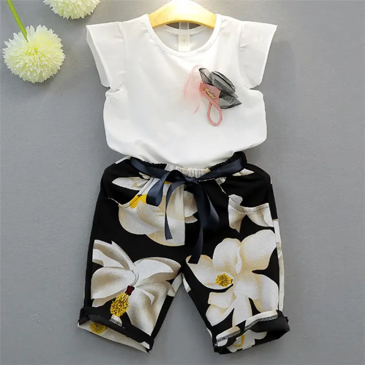 Baby Meisje Kleding Set Zomer Bloemenprint Kleding Set Korte Mouw Broek Met Riem Kinderen Mooie Twee Stuk Broek sets