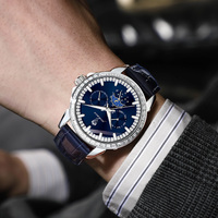 Montres chronographes pour hommes Gohuos 9813, montres de luxe à bracelet en cuir, lunette sertie de diamants, étanches 30 m, montre-bracelet à quartz pour homme