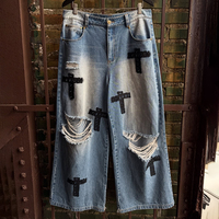 YSJY OEM fabricant personnalisé en détresse croix Patch Denim jean hommes Stretch Baggy pantalon droit déchiré jean hommes