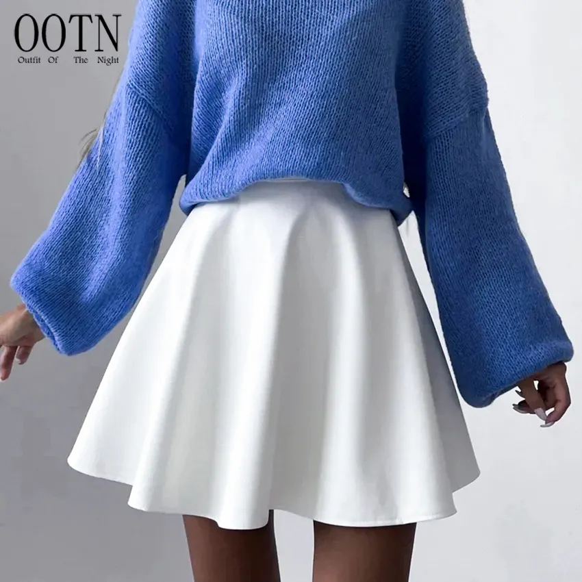 OOTN Fashion Pleated Party PU Skirt Female Women 2023 Winter Office Lady A-Line Sexy Mini Skirts Elegant White Leather Skirts