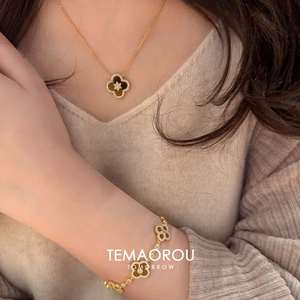 High-End Fashion Jewelry <b>Set</b> Trendy Tiger Eye Four-leaf Clover Necklace Earrings <b>Bracelet</b> Personalized - Product Image 5