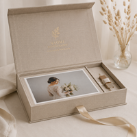 Boîte rigide sophistiquée en forme de livre en lin pour photos de mariage de luxe et emballage professionnel sur mesure pour studio