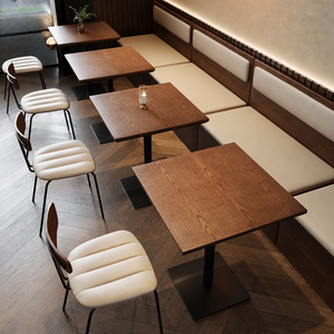Conjunto de Mesa y Banco con Estructura de Madera en Color Crema Avena, Asiento Acolchado, Tablero Rectangular con Acabado Granulado, Base de Pedestal para Hotel, Salón y Cafetería - Product Image 3