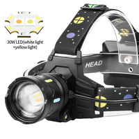 Lampe frontale LED 30W à 5 modes SOS avec double lumière jaune, zoom réglable 800M, longue portée, étanche