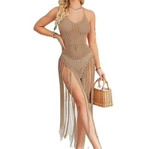 Crochet Beach Cover Up Bikinis Cover Up Knit Swimsuit Tassels Women Beach Dress Sexy See Through Beach Outfits Female Coverup